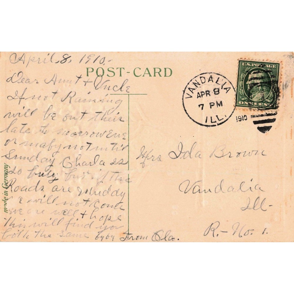 Vintage 1910 Embossed Postcard Violets in Vase Vandalia IL Postmark Germany - Picture 2 of 2